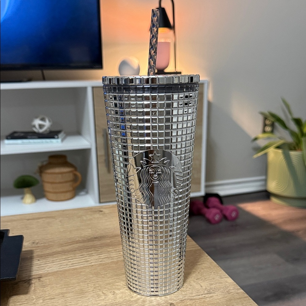 Starbucks Metallic Silver Grid Tumbler